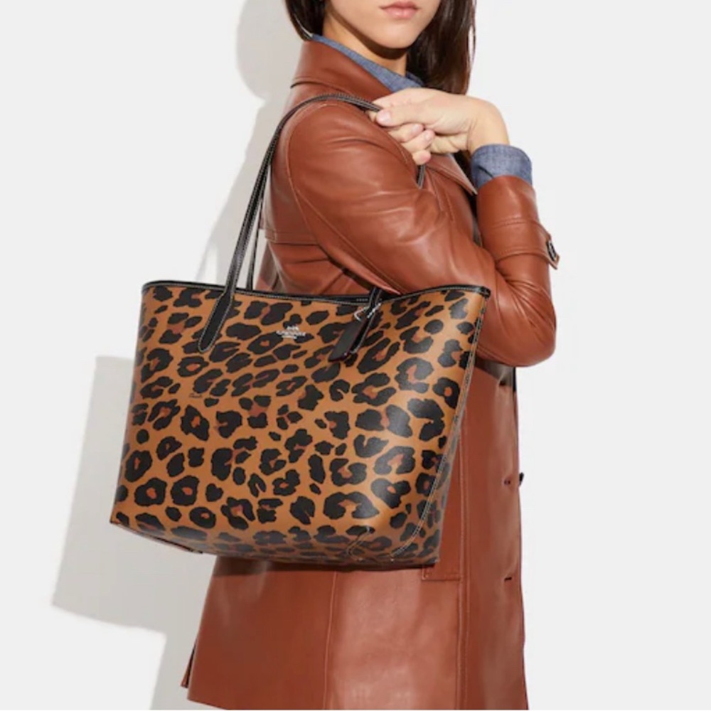Coach Leopard Print Leather Tote Bag - Brown/Black - Picture 2 of 14